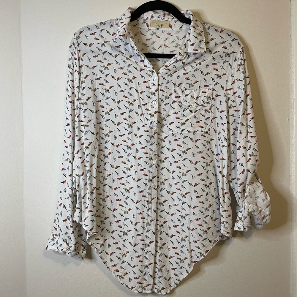 White Button Up shirt with multicolor birds